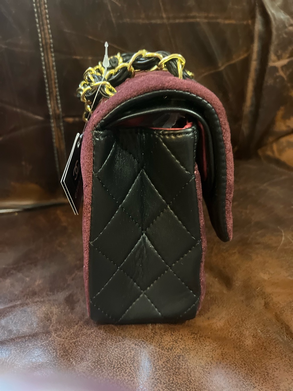 ChaneI Burgundy Black Trim Quilted MicroSuede Classic Flap Bag - Picture 7 of 11